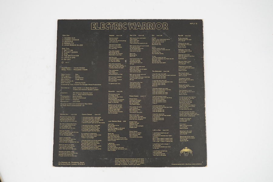 Four T. Rex LP record albums; Electric Warrior on Fly HIFLY6 with inner sleeve and stickered cover (missing poster), The Slider, Bolan Boogie, Ride a White Swan. Condition - fair